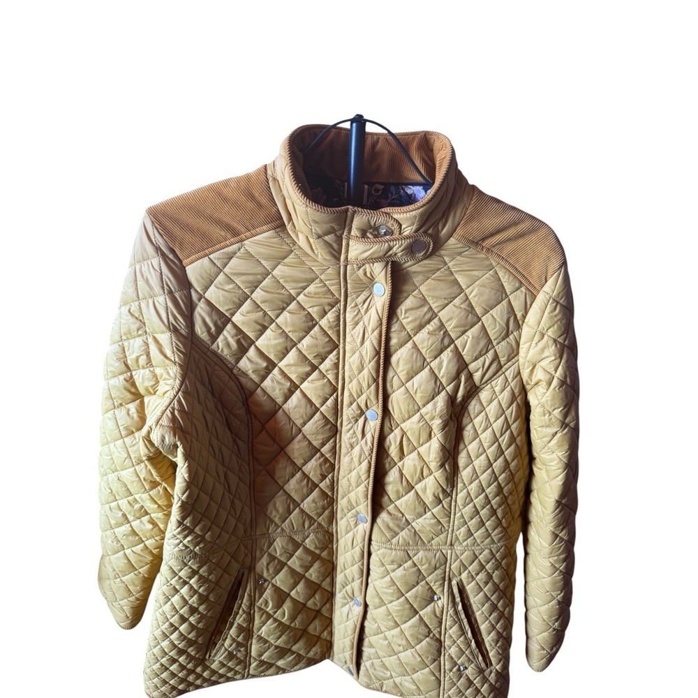 Joules Newdale Yellow Quilted Jacket Women's 14 Diamond Stitching Corduroy Trim